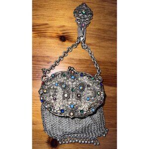 Antique Victorian German Silver Mesh Purse Butterfly Frame Enamel Stones